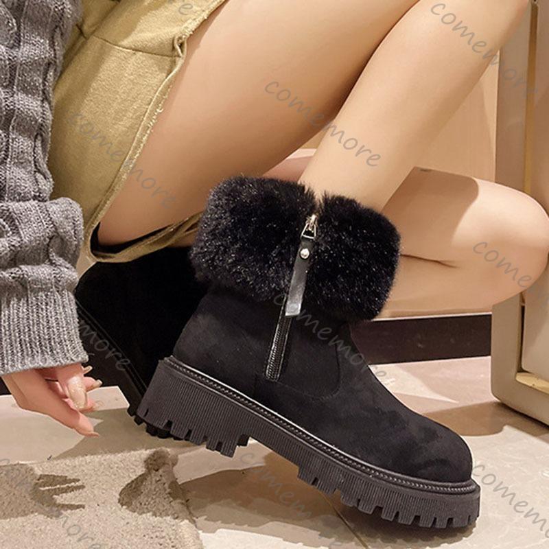Comemore New Fur Short Thick Bottom Snow Boots Women Round Head Side Zipper Padded Warm Cotton Shoes Platorm Ankle Boots Women