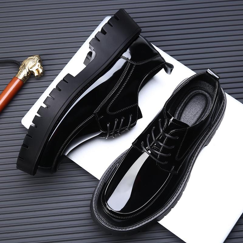 2025 Spring and Summer New Breathable Men's Big Head Leather Shoes Platform Patent Leather Glossy Business Casual Shoes Hairstylist Trendy Shoes