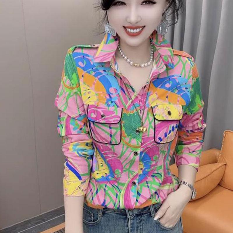 Elegant Fashion Slim Loose Sweat Casual All Match Tops Women Printed Lapel Collar Long Sleeve Shirt