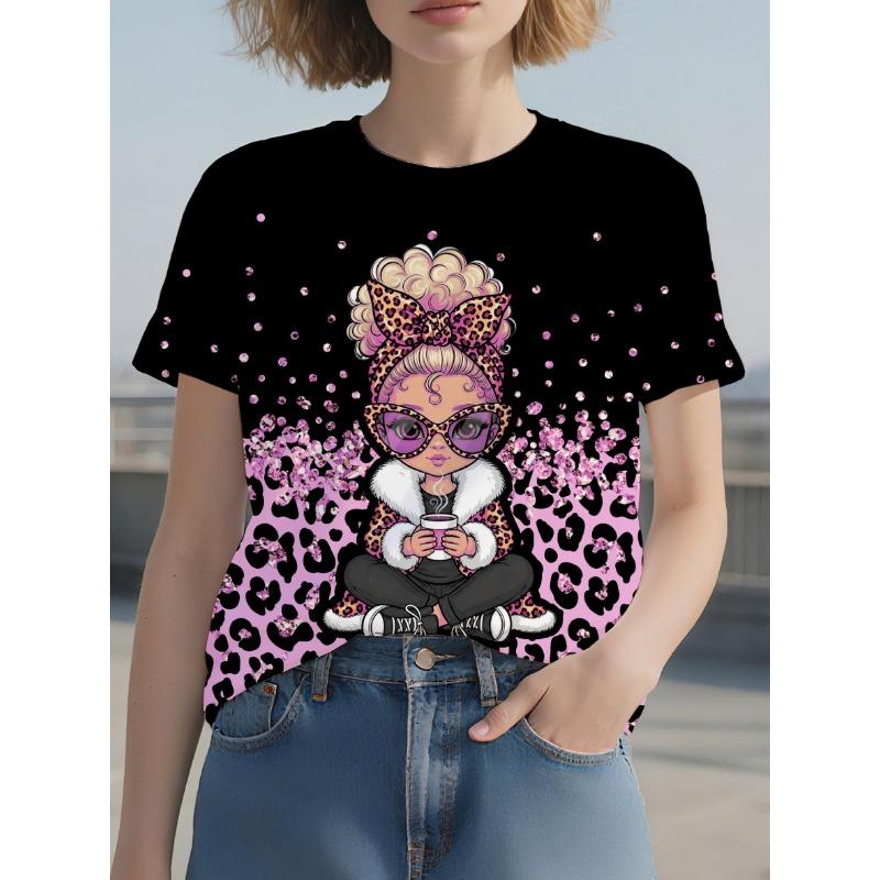 Round Neck Women'S Short Sleeve Printed T-Shirt, Featuring Leopard Print Fashion Design
