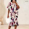 Women Plus Size Printed Round Neck Batwing Sleeve Ruffle Hem Top Fishtail Skirt Two Piece Set