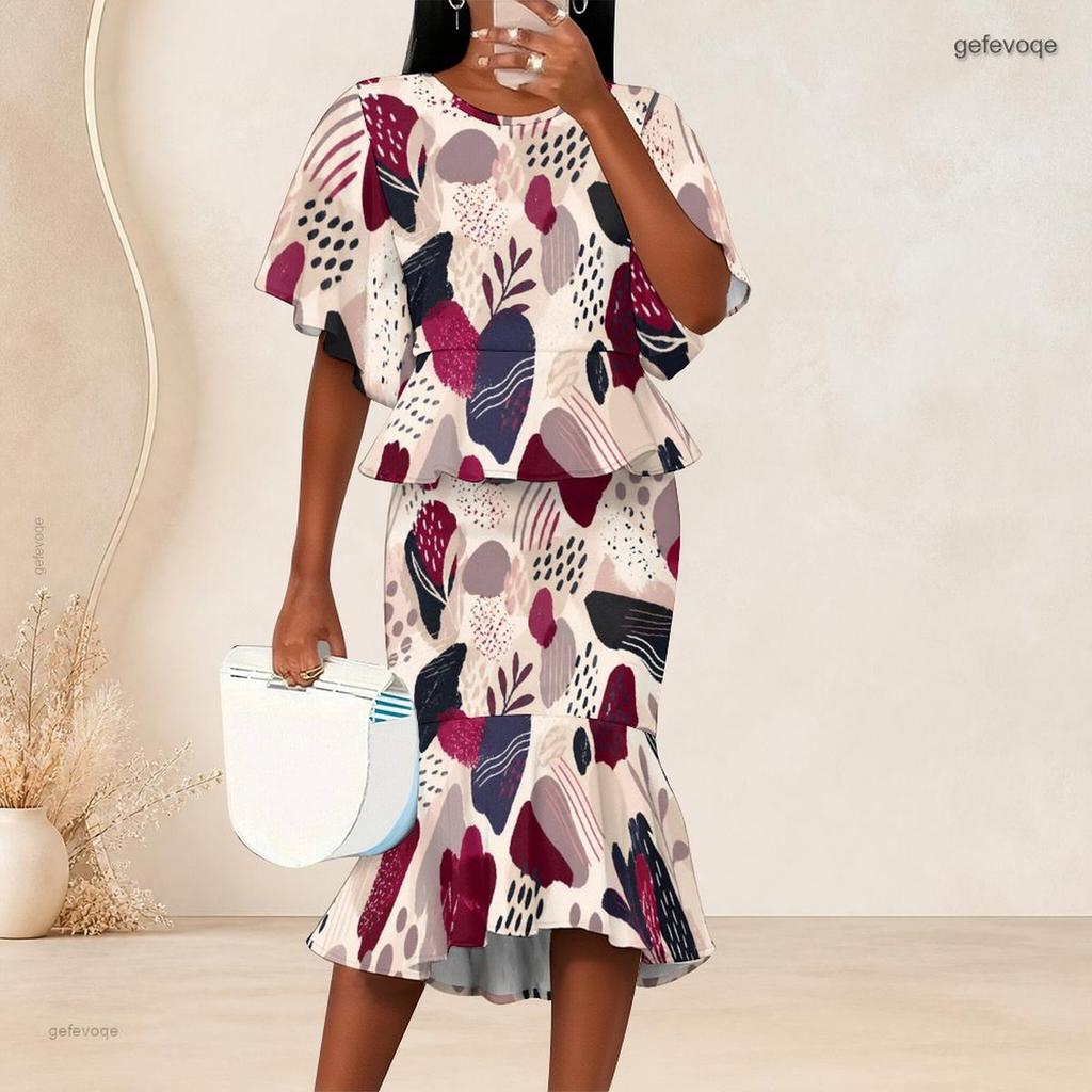 Women Plus Size Printed Round Neck Batwing Sleeve Ruffle Hem Top Fishtail Skirt Two Piece Set