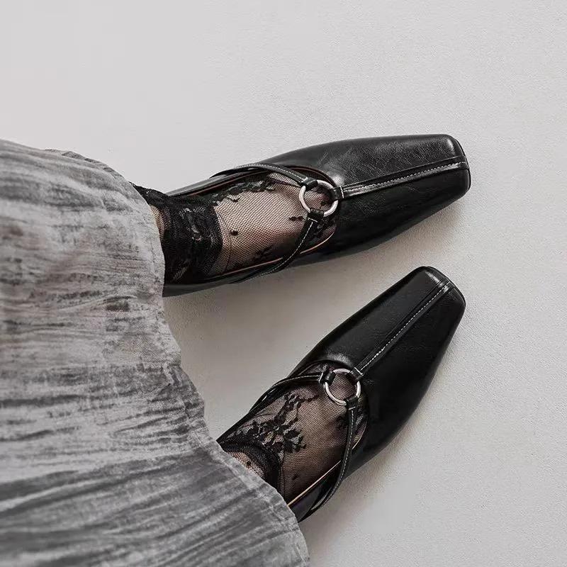 Women Square Toe Heels Shoes Designer Leather Loafers Autumn 2024 Trend Retro Fad Rock Cozy Shallow Pumps Zapatillas De Mujer