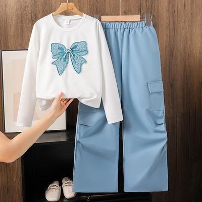 Girls' Casual Set, Autumn Children's Embroidered Sequined Bow Long-sleeved Top and Long Pants