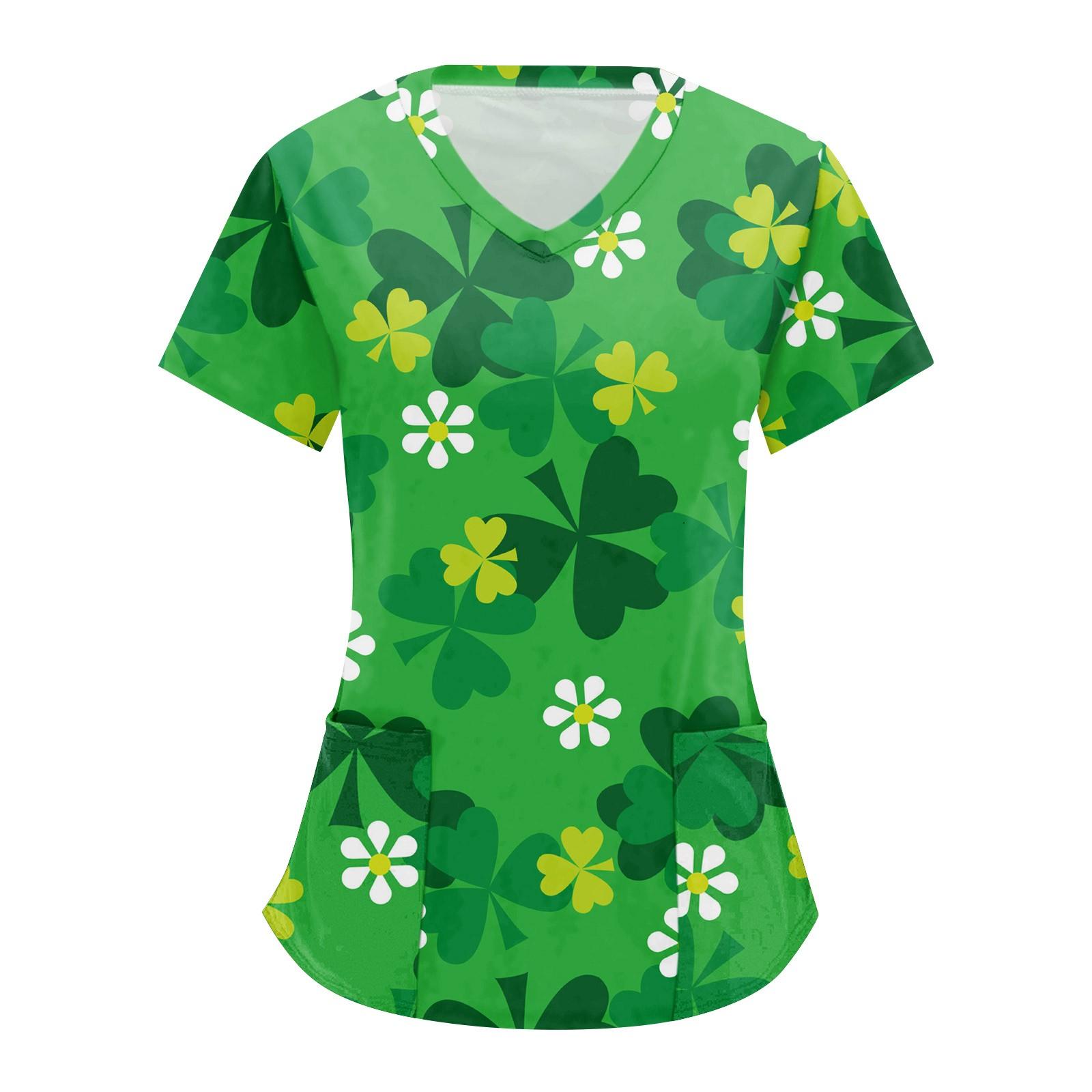 

Женские топы с короткими рукавами и v-образным вырезом с принтом Святого Патрика, рабочая блузка с карманами L армия зеленый