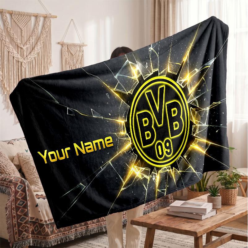 Borussia Dortmund Personalized Fleece Blanket With Football Logo, Custom Name Text Soft Warm Home Throw Blanket