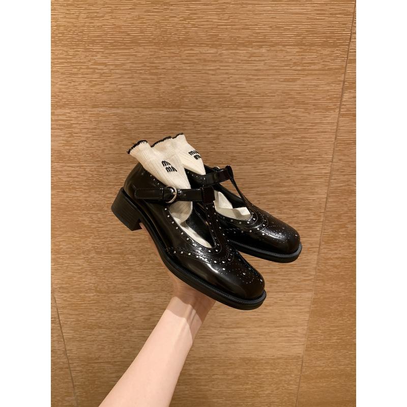 Sheepskin~ Brock engraved Mary Jane shoes T-band British small leather shoes women's platform