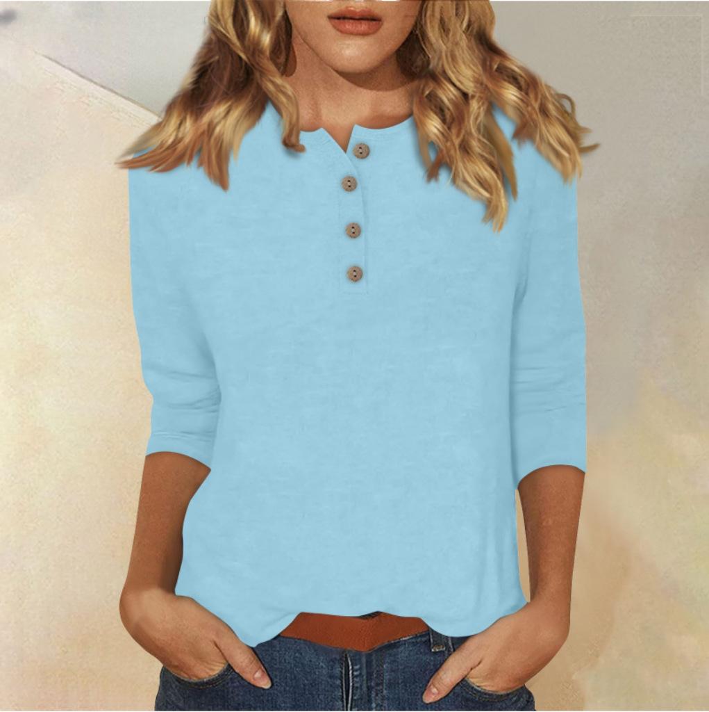 Women's Long Sleeve Round Neck Button Detail Blouse Solid Color Casual Top