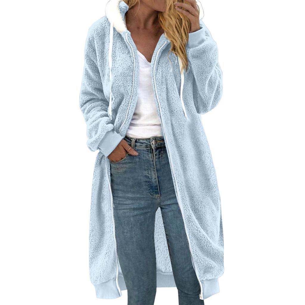 Ladies' Loose Comfortable Casual And Fashionable V-neck Long Sleeved Medium To Long Double-sided Plush Hooded Jacket