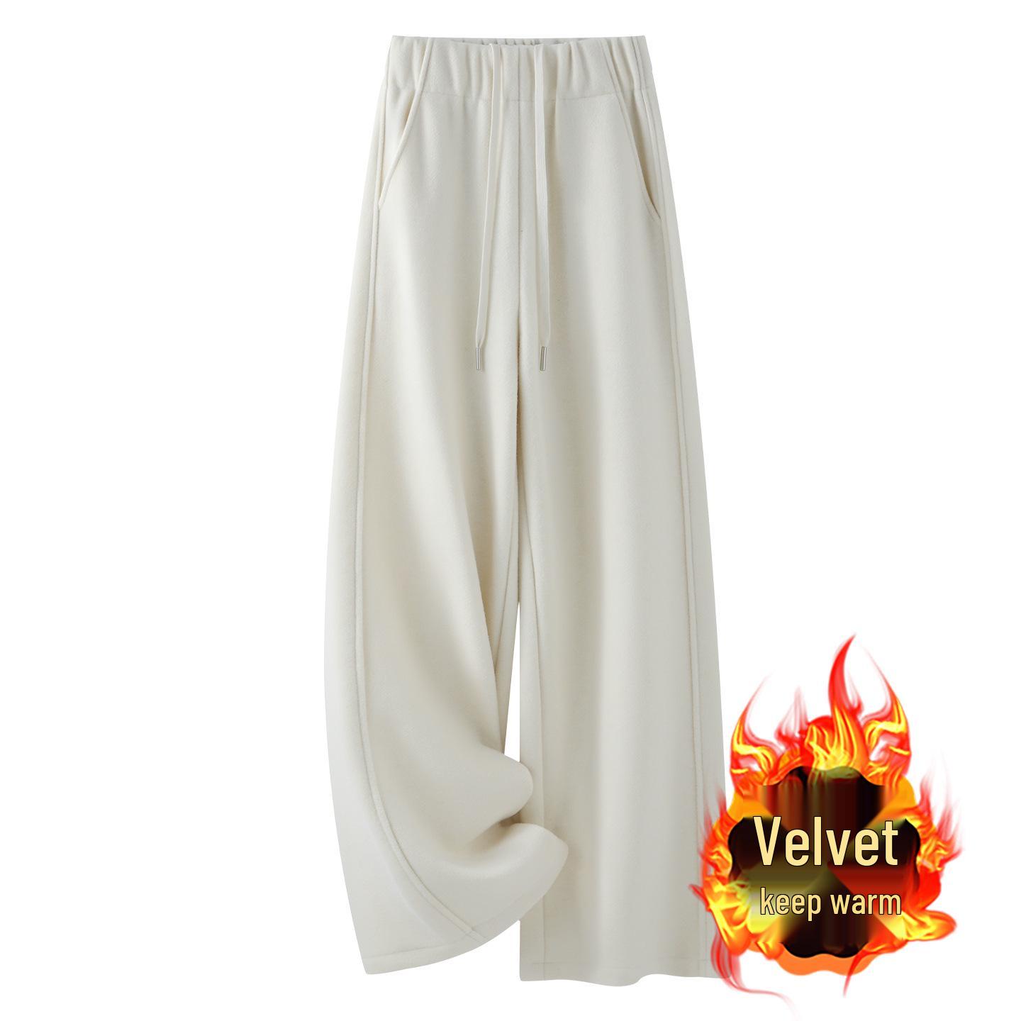Women s Light Grey Wide-Leg Velvet Wool Pants, High-Waisted Slim Fit, Autumn/Winter 2025 XL