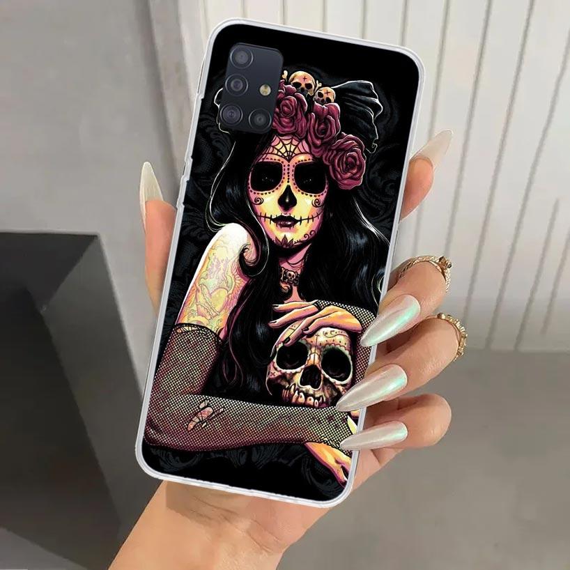 Catrina Beautiful Rose Girl Skull Phone Case for Samsung Galaxy A52 A42 A32 A22 A12 A02S A72 A51 A50S A41 A31 A21S A71 A40 A30S
