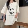 Women's Smiley Face Letter Print Oversized Short Sleeve T-shirt Mid Length Cover Hip Casual Tee