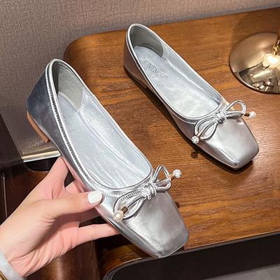 Fashion Silver Square Toe Bowtie Flats Women Spring Office Shoes Shallow Slip On Ladies Ballerina Loafers Comfy Barefoot Mocassines 2025
