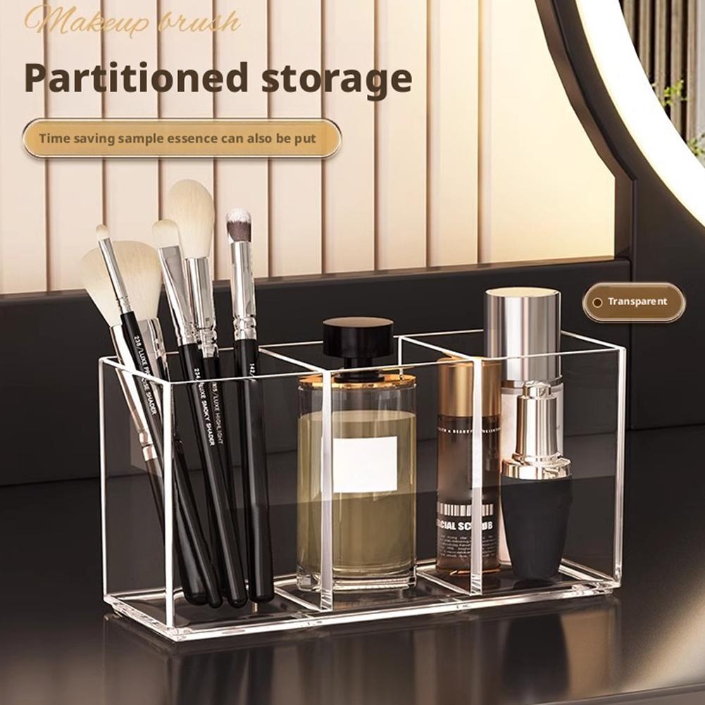 Acrylic 3-Compartment Makeup Organizer, Transparent Plastic Makeup Brush Holder, Bathroom Storage Solution for Makeup Brushes