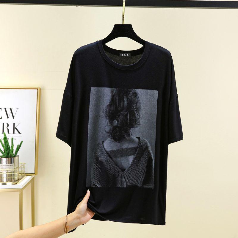 

Plus size Modal Print T-shirt Women Summer Thin Fashion Inner wear Bottoming Shirt Black and White Student Mid-Length Top Black Plus code (80.00 kg-110.00 kg recommended
