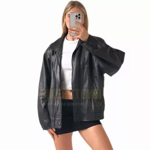 Oversized Real Handmade Black Women's Jacket Lambskin Leather Motorcycle Biker