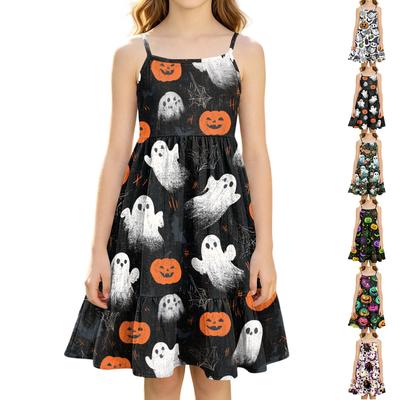Girls Casual Sleeveless Print Dress with Halloween Pattern Princess for Party