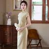 Yellow Modern Chinese Style Long Cheongsam Dress Women 2026 Vintage Short Sleeve High Waist Elegant Evening Gown