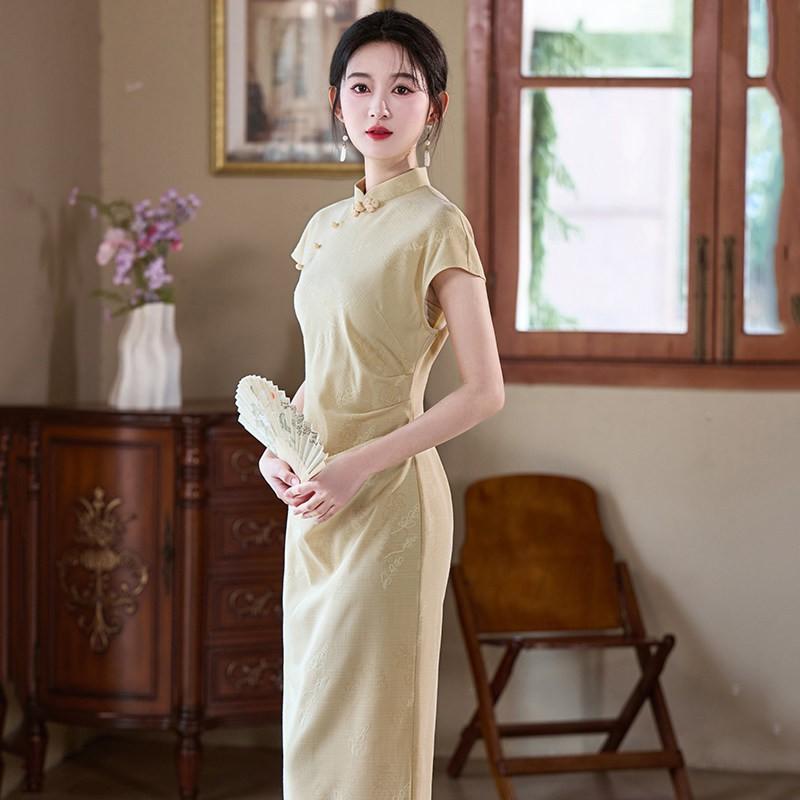 Yellow Modern Chinese Style Long Cheongsam Dress Women 2026 Vintage Short Sleeve High Waist Elegant Evening Gown