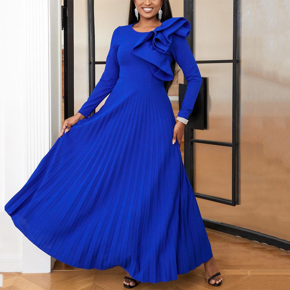 Elegant Women Long Dresses Autumn New Plus Size O Neck Ruffles Long Sleeve Pleated Party Dress