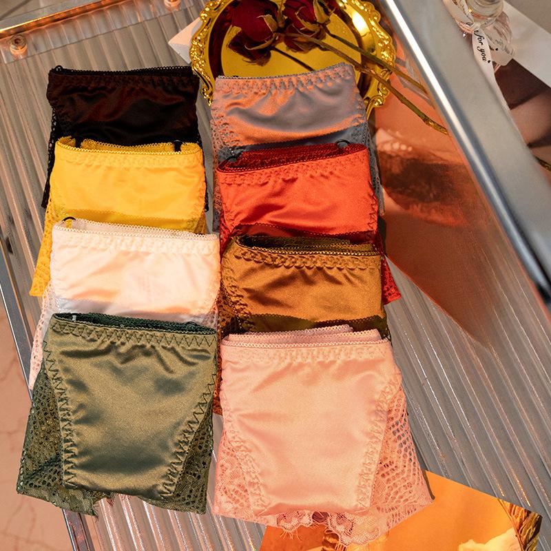 Luxury Satin Lace Panties Women Metal Hollow Out Transparent Mesh Seductive Triangle Underwear Comfort Fit Elegant Design