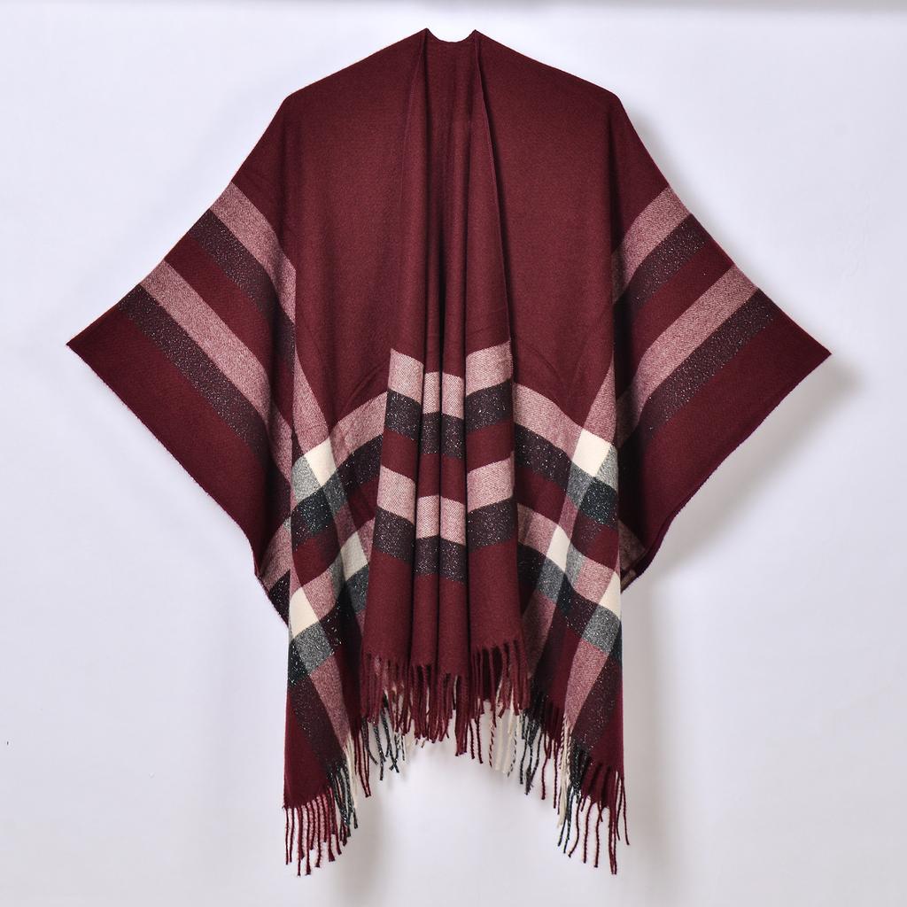 Foreign Trade, New Tassel Split Shawl Autumn and Winter Women's Simple Plaid Jacquard Scarf Cape