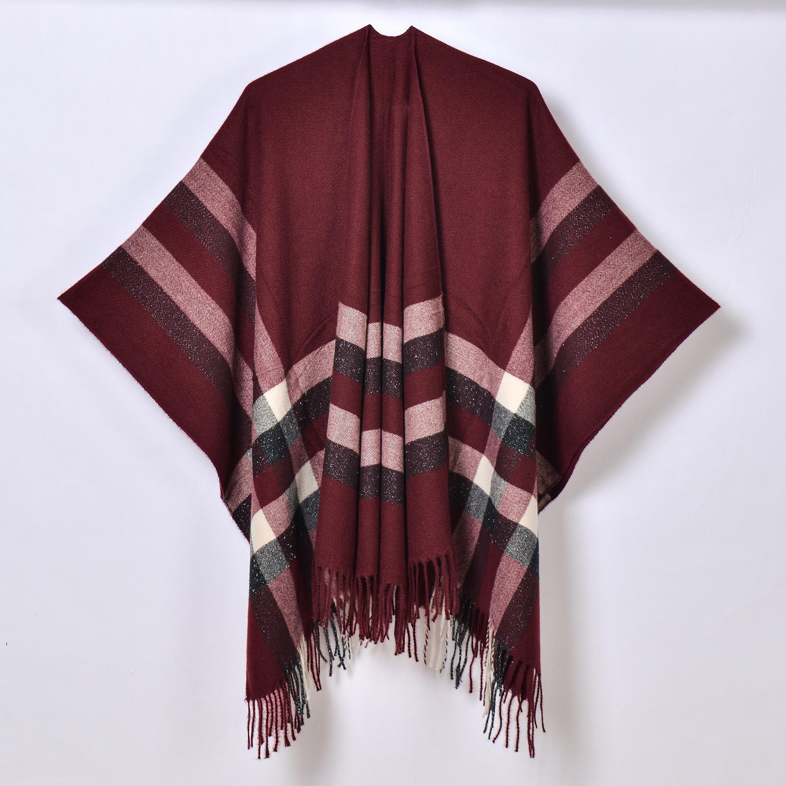 

Women s Simple Fashion Striped Plaid Pashmina Shawl All Match Split Cardigan Autumn Winter Warm Office Cape вино красного
