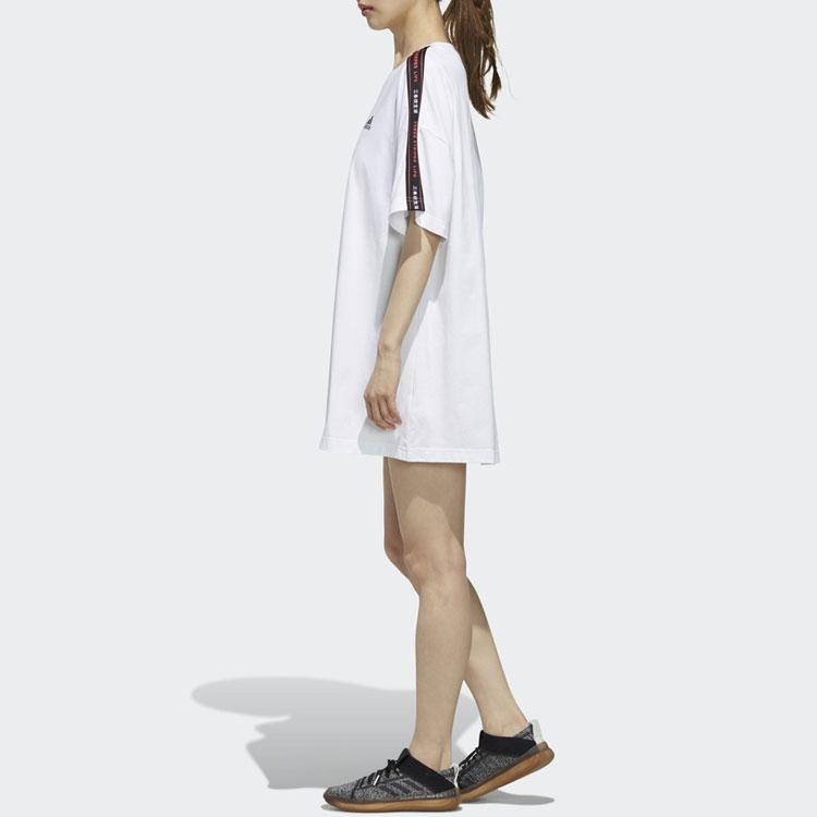 Adidas SS Dress Tape Logo Stripe Decoration Casual Sports Loose Breathable Round Neck Short Sleeve Dress Women Dresses White FJ6882