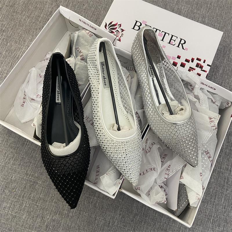 Fashion Flat Shoes for Women 2025 Spring and Autumn French New Sexy Mesh and Rhinestone Hollow Low Heel Shallow Mouth Women's Shoes