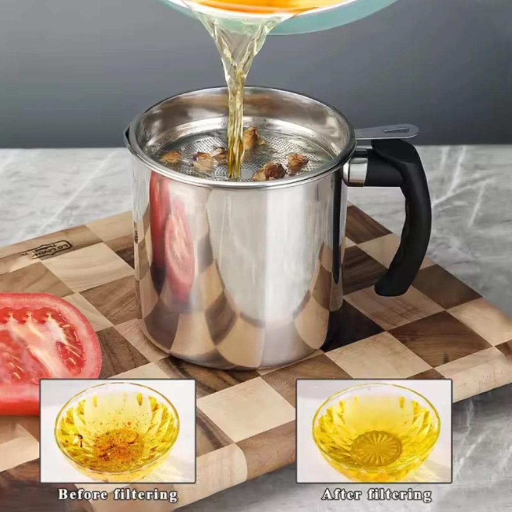 Stainless Steel Oil Strainer Pot Container with Fine Mesh Jug Storage Can with Filter with Base Cooking Oil Pot Kitchen Tools
