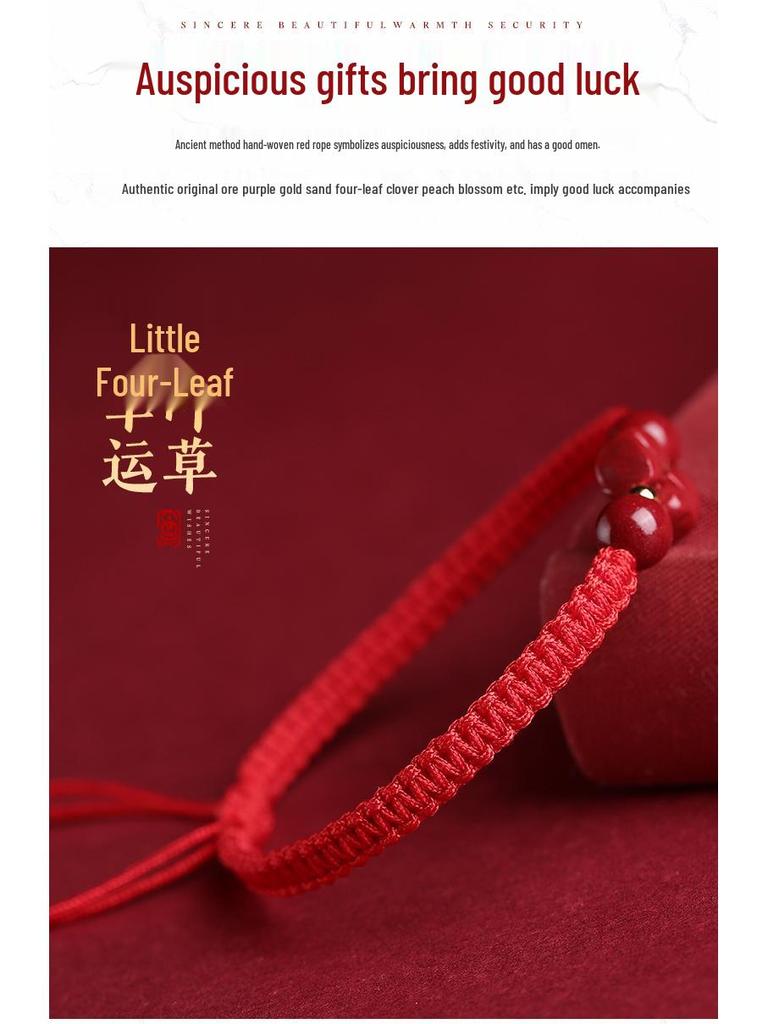 Authentic Cinnabar Four-Leaf Clover Bracelet with Purple Gold Sand and Red Rope for Women and Children