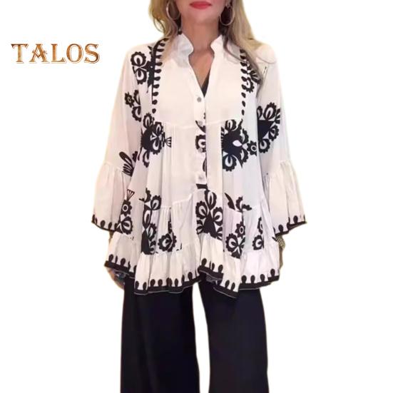 

Женская рубашка с v-образным вырезом, расклешенная рубашка с длинными рукавами, топы с рюшами, однобортная рубашка с дизайнерским принтом 2XL белый