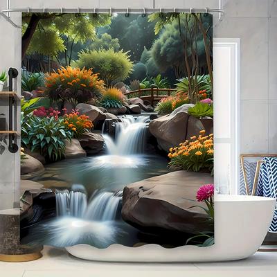 3D-gedruckter Duschvorhang Gartenteich-Wasserfall-Design mit lebendigen Blumen Felsengarten Wasserdicht Badezimmerdekoration für Heimdekorationen.