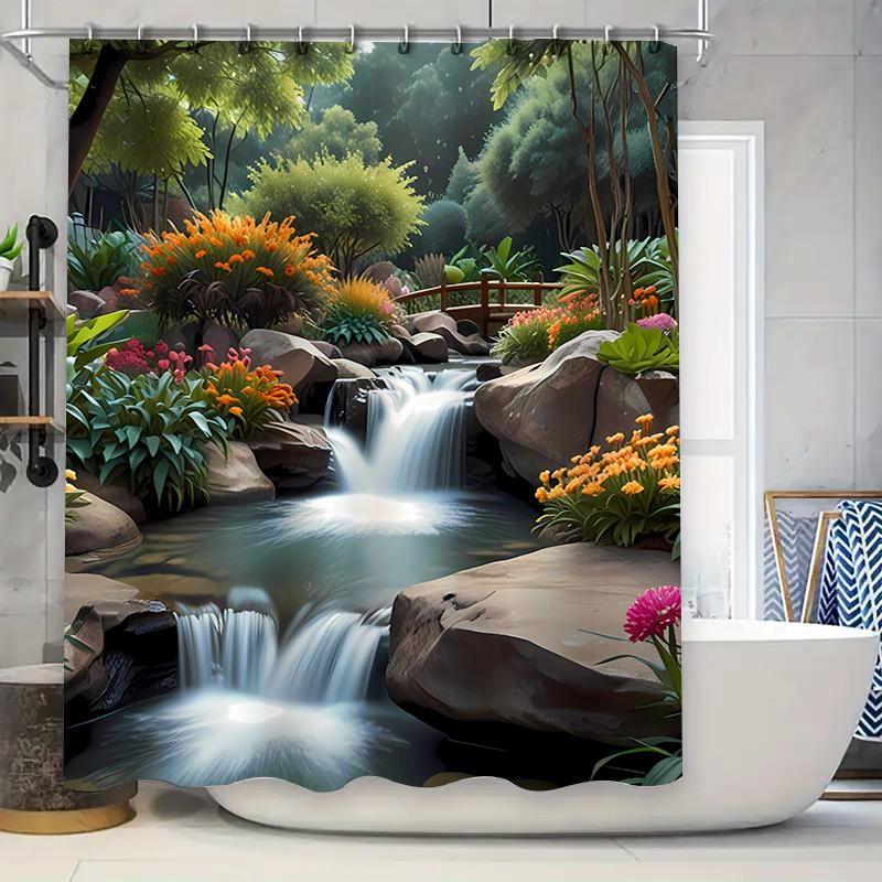 3D Printed Shower Curtain Garden Waterfall Design with Vivid Flowers Rockery Waterproof Bath Decoration for Home Decorations.