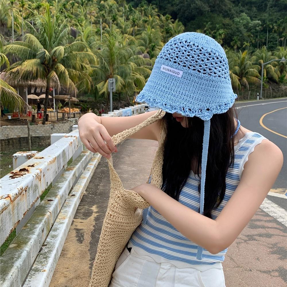 Hand Crocheted Bucket Hat Women's Versatile Face Small Sunscreen Basin Hat Thin Hollow Knitted Wool Hat Retro