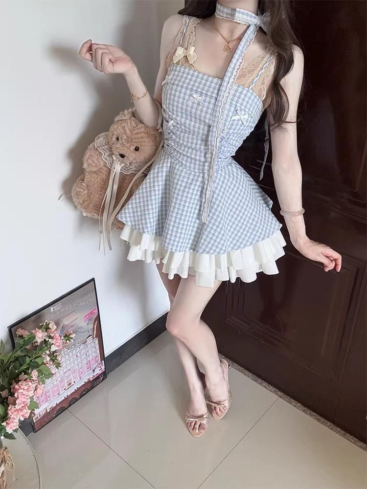 Vestido con Tirante de Cuadros Dulces: Falda acampanada sin mangas de cintura alta adelgazante para mujer