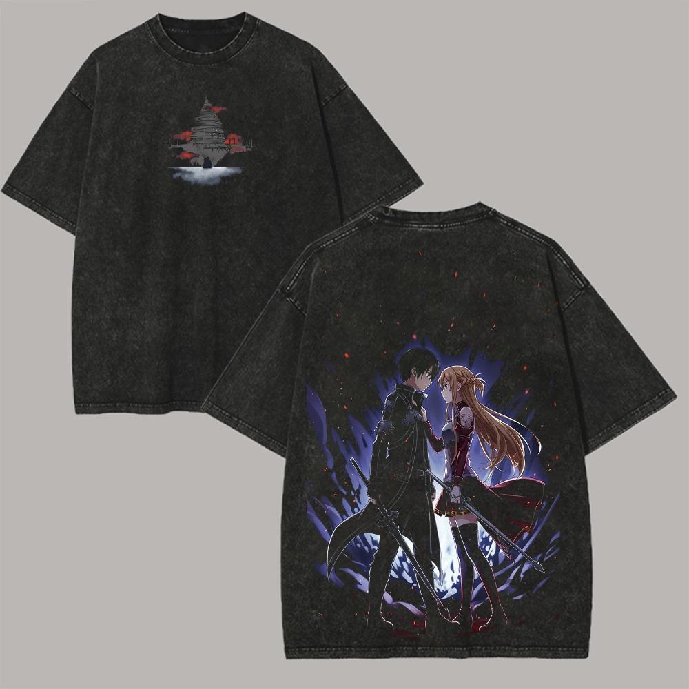 

Sword Art Online Kirito & Asuna Vintage Washed T-Shirt Anime Couple Graphic Black Cotton Oversized Streetwear Tee XXXL