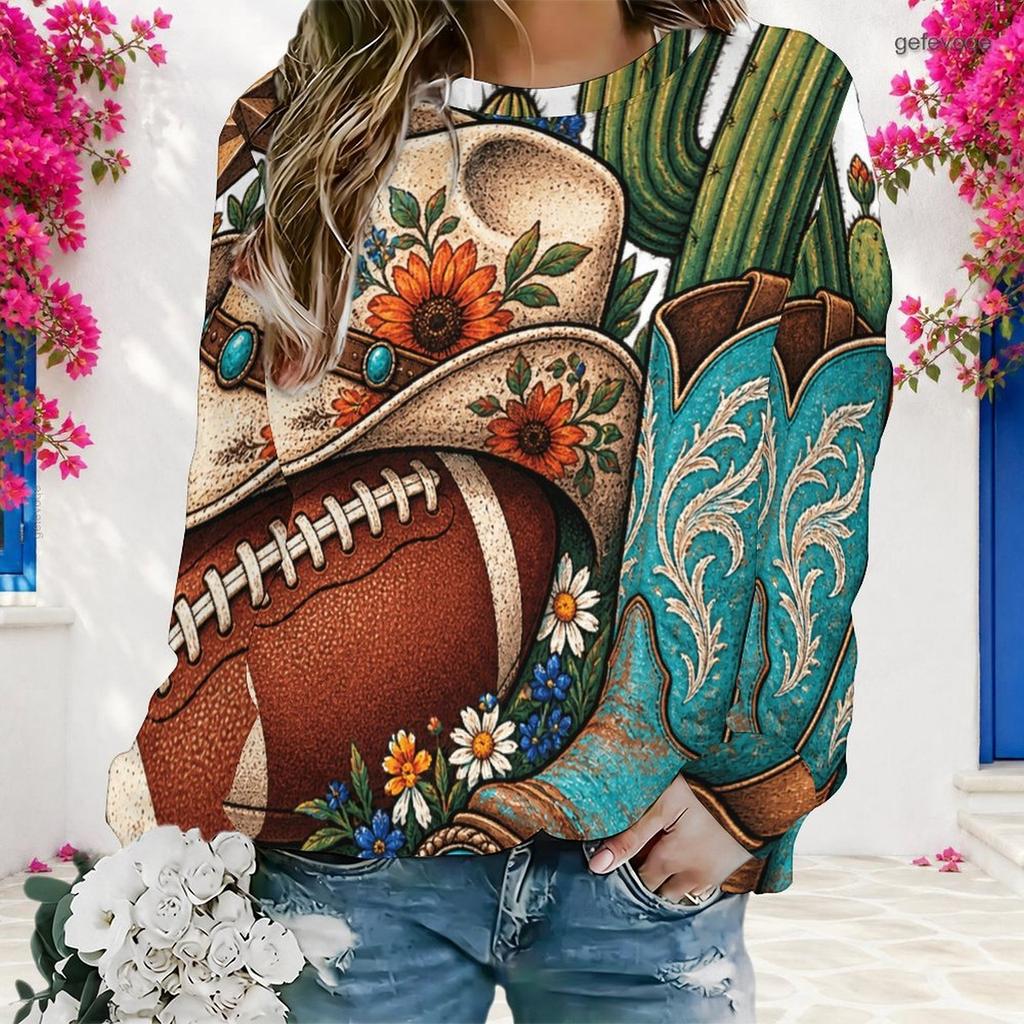 Women Plus Size Round Neck Long Sleeve Cowboy Hat Football Sunflower Print Sweatshirt Ribbed Cuffs Pullover