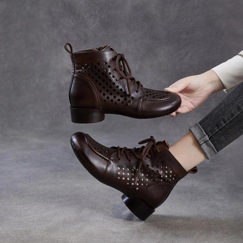 Johnature Жіночі черевики з натуральної шкіри, ретро, на товстому підборі, з вирізами, низький каблук, дихаючі