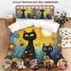Whimsical Black Cat Art Duvet Cover Set, Colorful Floral & Sun Print Bedding, 2D Flat Printed