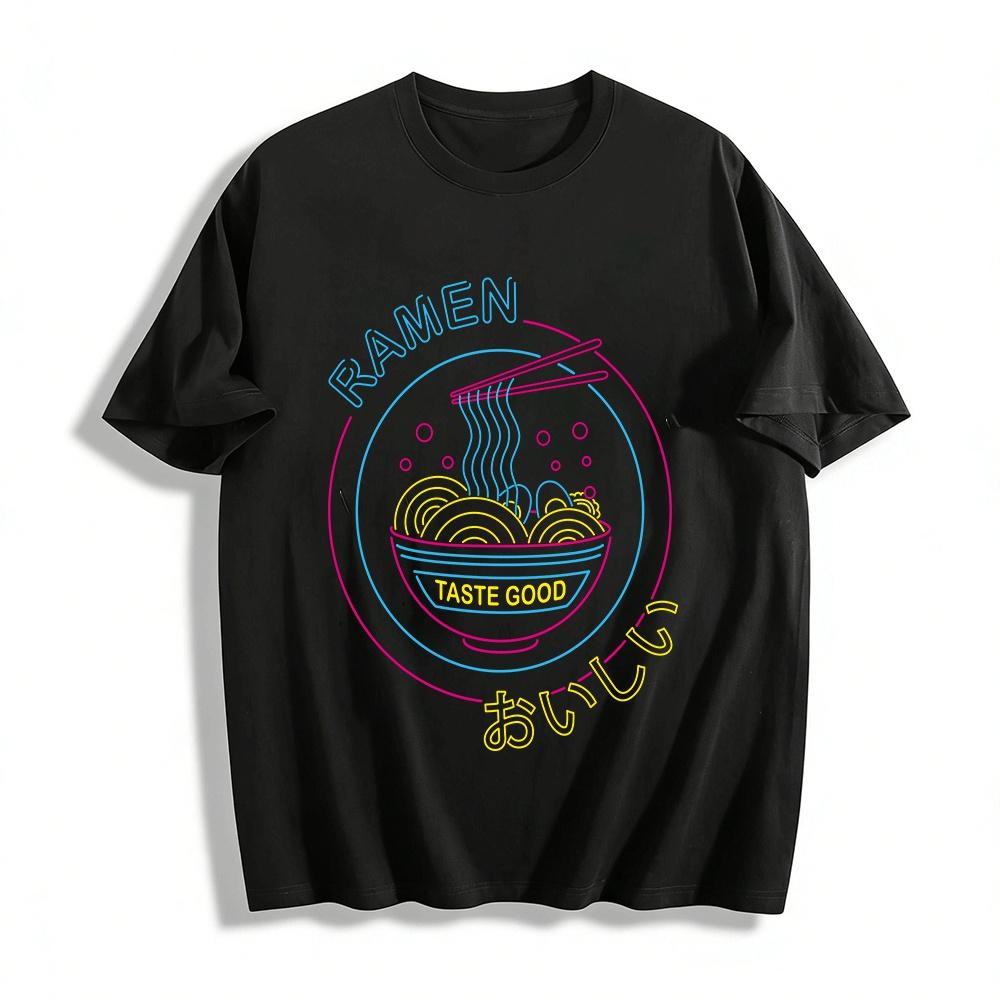 

Neon Ramen Graphic Casual Tshirt Japanese Food Style Loose Fit Top Pure cotton T-shirt 6XL
