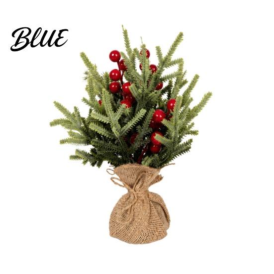 Desktop Holiday Decoration Miniature Christmas Tree with Red Berries, Artificial Mini Pine Burlap Indoor Xmas Table Centerpiece Base, Tabletop