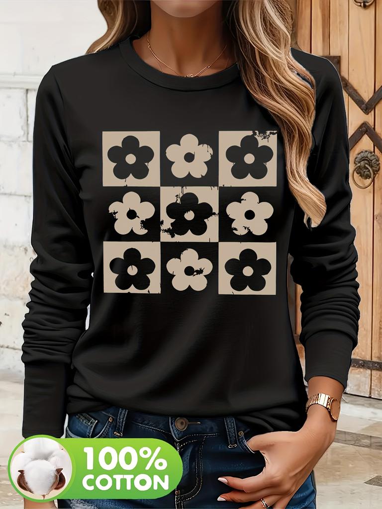 Spring and Autumn Women's 100% Cotton Fashion Casual Loose Butterfly Pattern Print Round Neck Long Sleeve T-shirt Base Shirt