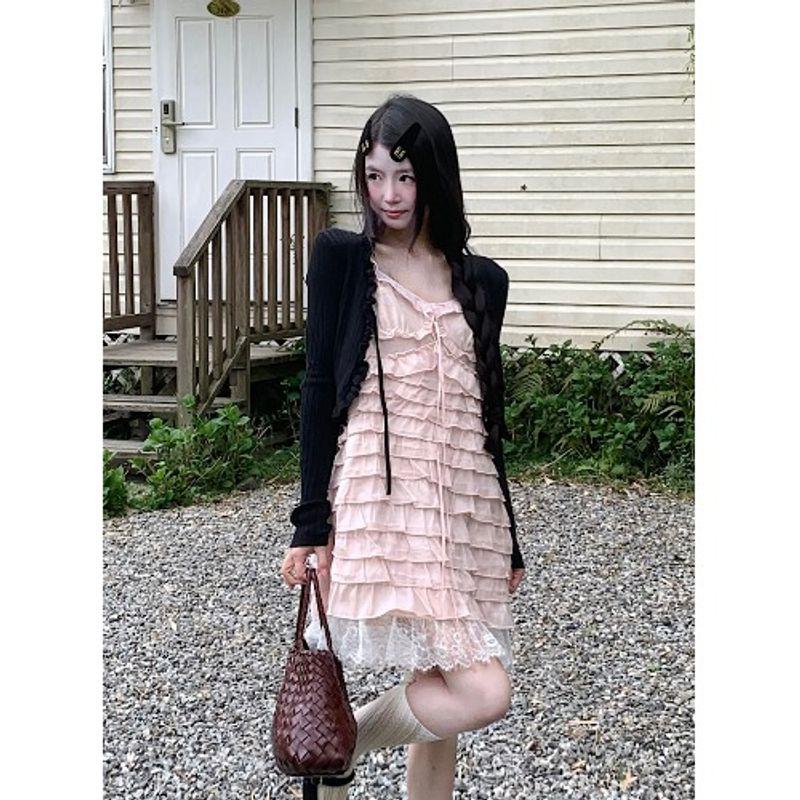 

Kumikumi Сладкий Комплект Длинные Рукава Короткая Верхняя Одежда Женский Осенний Тяжелая Промышленность Рюши Платье без Рукавов Комплект из Двух Предметов Black fungus side Cardigan L