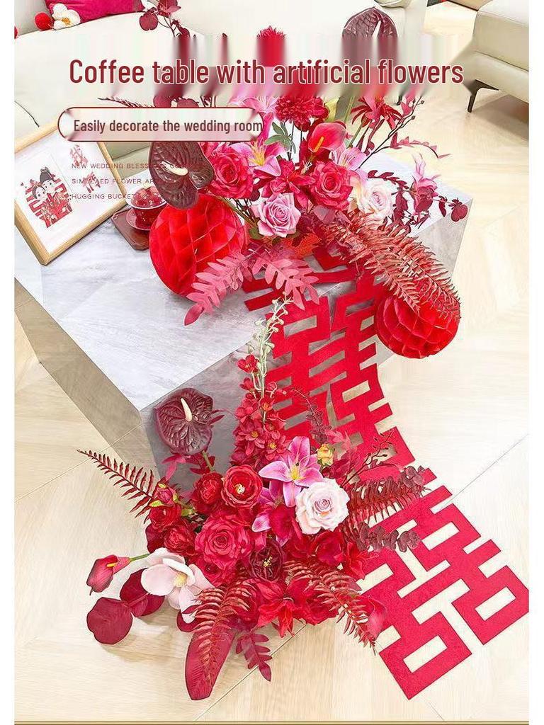 Red Wedding Artificial Flower Arrangement for Living Room, Coffee Table, or Bedside Table Décor
