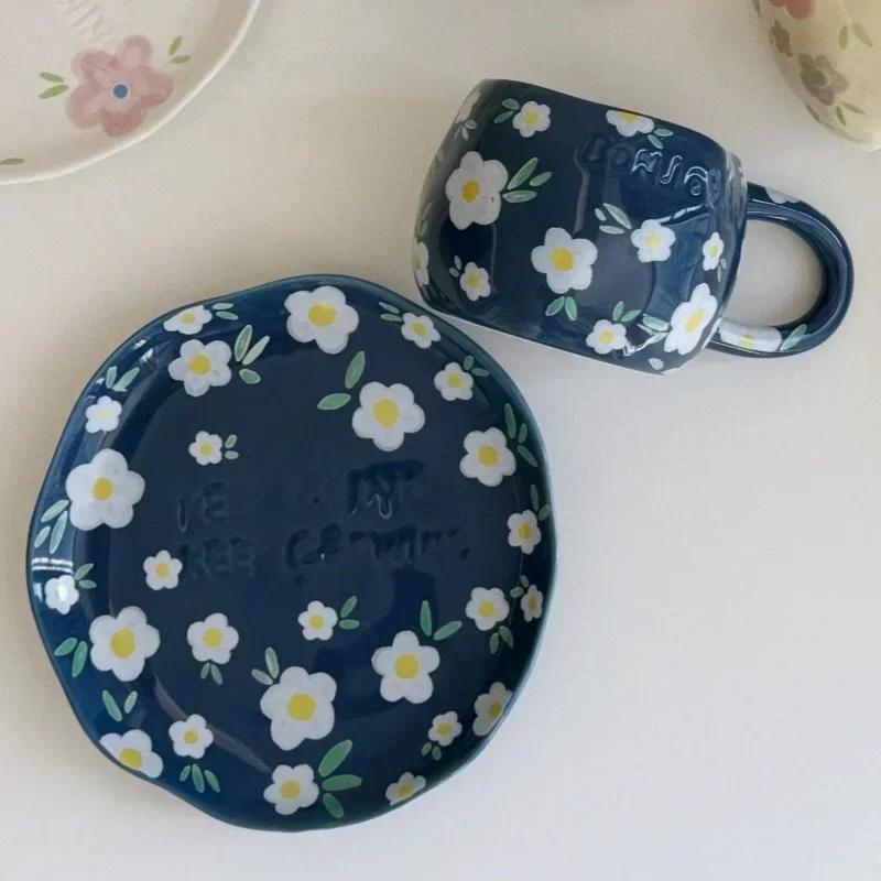 Ceramic Coffee Cup & Saucer Hand-pinched Irregular Pastoral Floral Pattern Coffee Cup Breakfast  Afternoon Tea Cup Dessert Plate