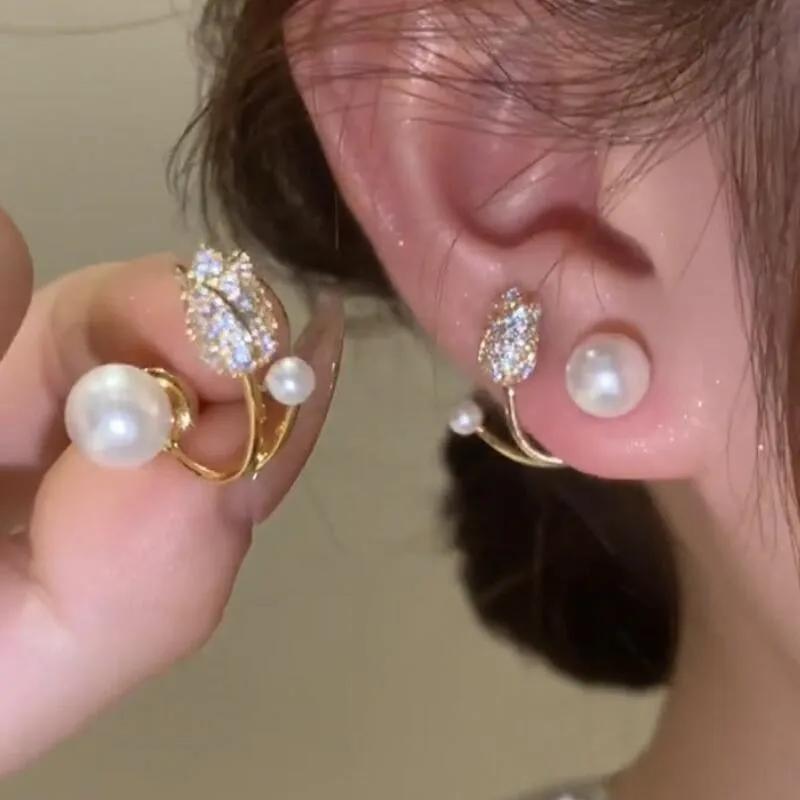 Pink Tulip Imitation Pearl Earrings Rose Flower Two Ways To Wear Ear Studs for Girls Daily Wear Women Ear Piercings Gifts