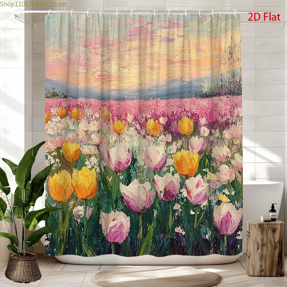 2D Flat, 2D Flat, 1pc 2D Flat Spring Tulip Shower Curtain | Colorful Floral Landscape Polyester Bathroom Decor with 12 Hooks,