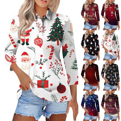 Women's Fashion Casual Lapel Short 3/4 Sleeve Christmas Print Shirt Women's Button Up Tops