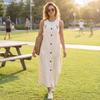 Women’s Sleeveless Button Front Long Overall Dress Adjustable Strap Loose Fit Casual Pinafore with Pockets for Everyday Wear